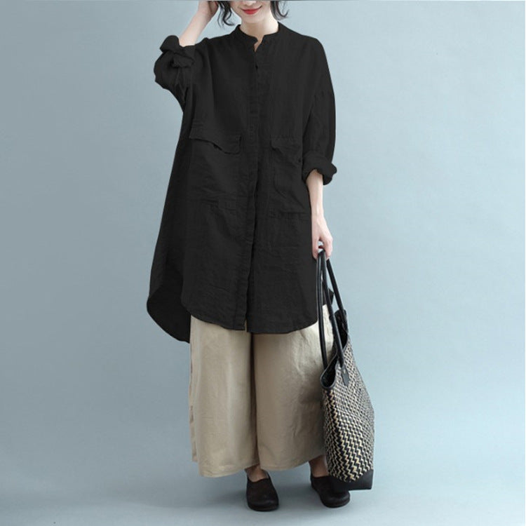 Black Cotton Linen Long Full Shirt Blouse Cover Up, Summer Blouse, women's large stylish shirt, Ladies casual travel clothes, women's summer clothes, Plus Sizes Available