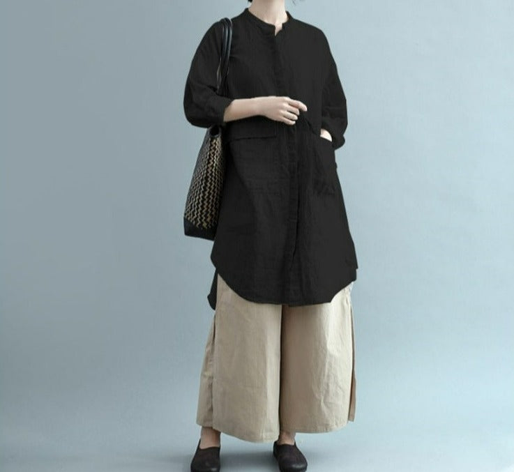 Black Cotton Linen Long Full Shirt Blouse Cover Up, Summer Blouse, women's large stylish shirt, Ladies casual travel clothes, women's summer clothes, Plus Sizes Available