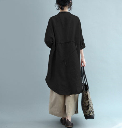 Black Cotton Linen Long Full Shirt Blouse Cover Up, Summer Blouse, women's large stylish shirt, Ladies casual travel clothes, women's summer clothes, Plus Sizes Available