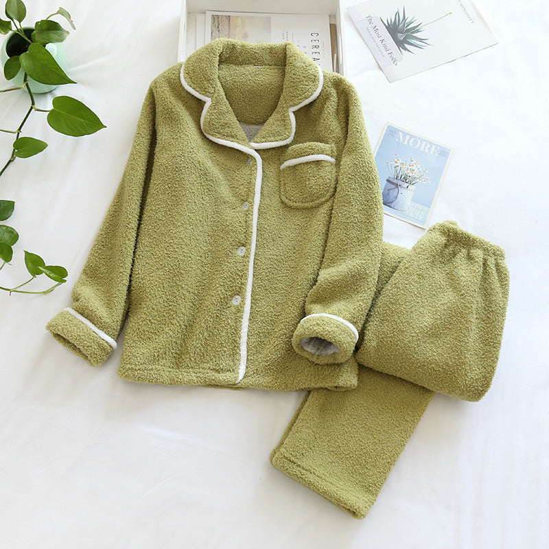 Green Thick Fleece Plush cardigan button down jacket and trousers, Women's Pajamas, Ladies Pajamas, Winter Sleepwear, Women's Loungewear