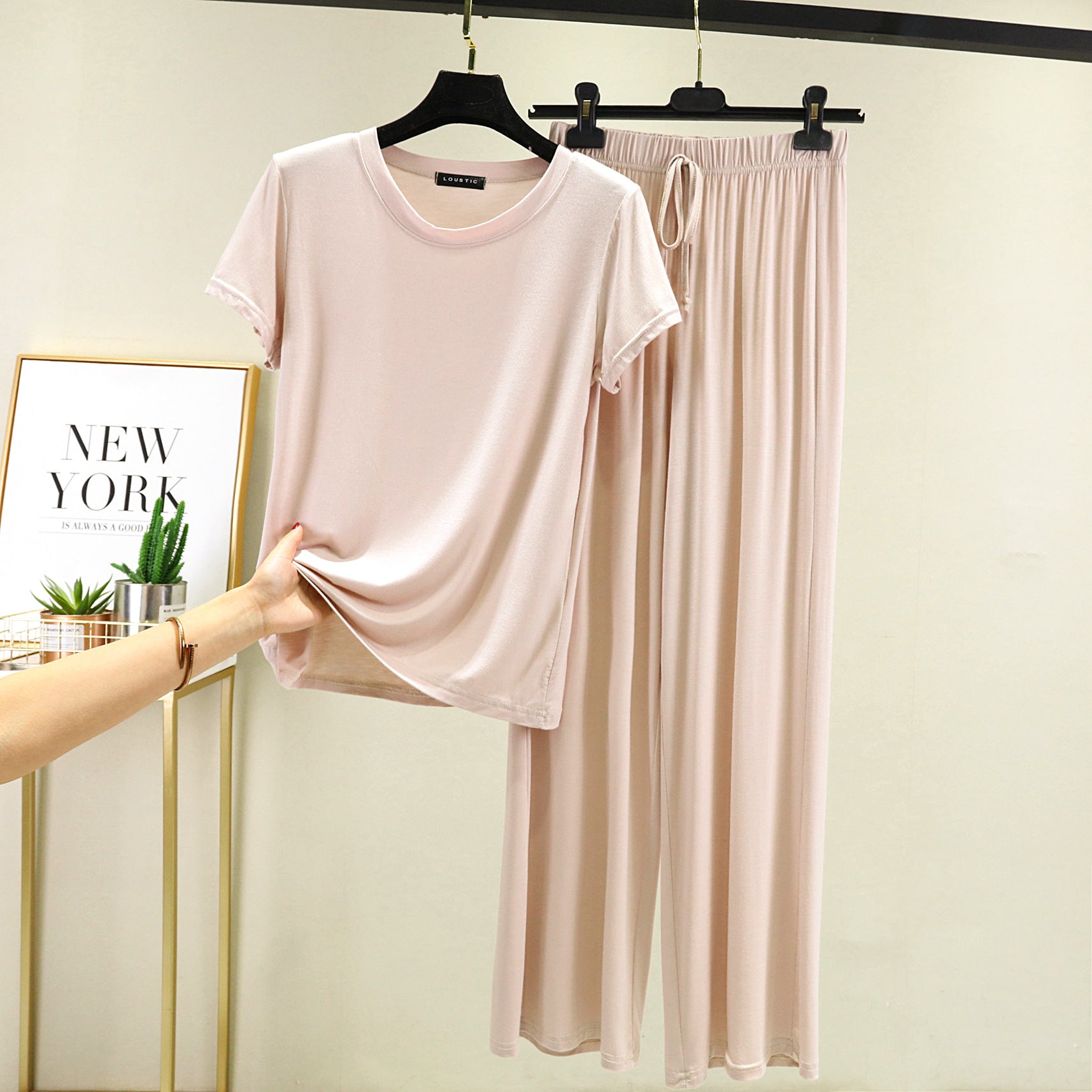 Pale Skin Color Modal Fabric Pajama Set Classic T-Shirt Style Top Elastic Waist Band with Tie, Pajamas, sleepwear, casual pajamas, breathable, cooling fabric