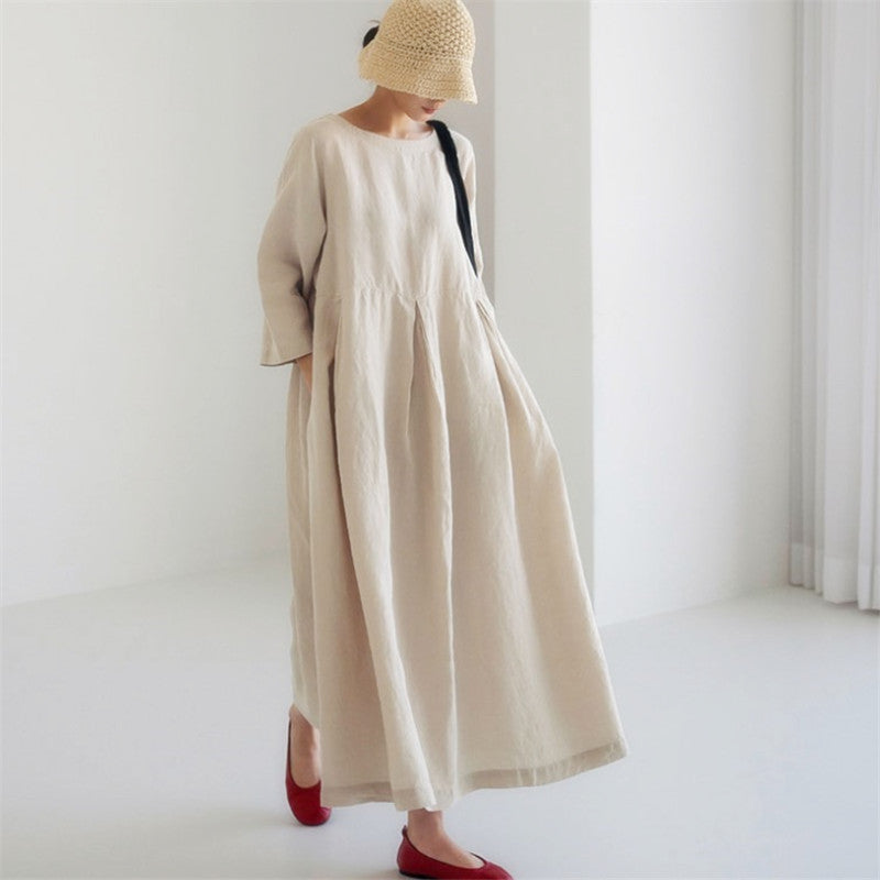 Beige/Cream cotton linen long pleated flowing dress summer spring casualwear, Women's Summer Clothes, Ladies Dresses, Cotton, Linen Women's Clothes