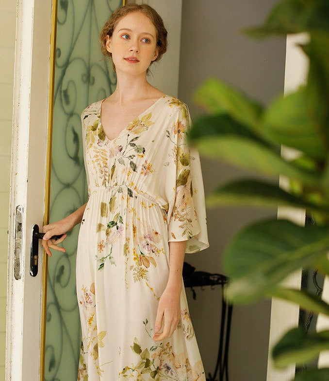 English Garden Floral, Flower Sleep Dress Night Gown Neutral Colors, Women's Nightgown, Ladies Night Dress, Soft Loungewear