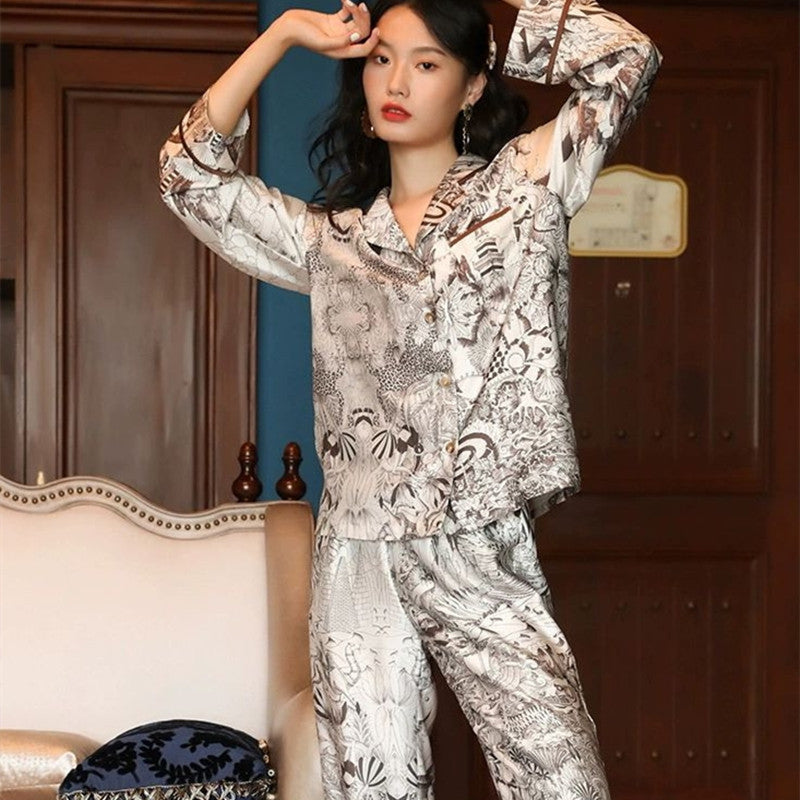 Faux Silk Iced Sateen, Brown, Black, Silver Asian Forest Pattern, button down, long sleeve top, elastic waist band trousers., Women's Pajamas, Ladies Pajamas, Sexy Pajamas