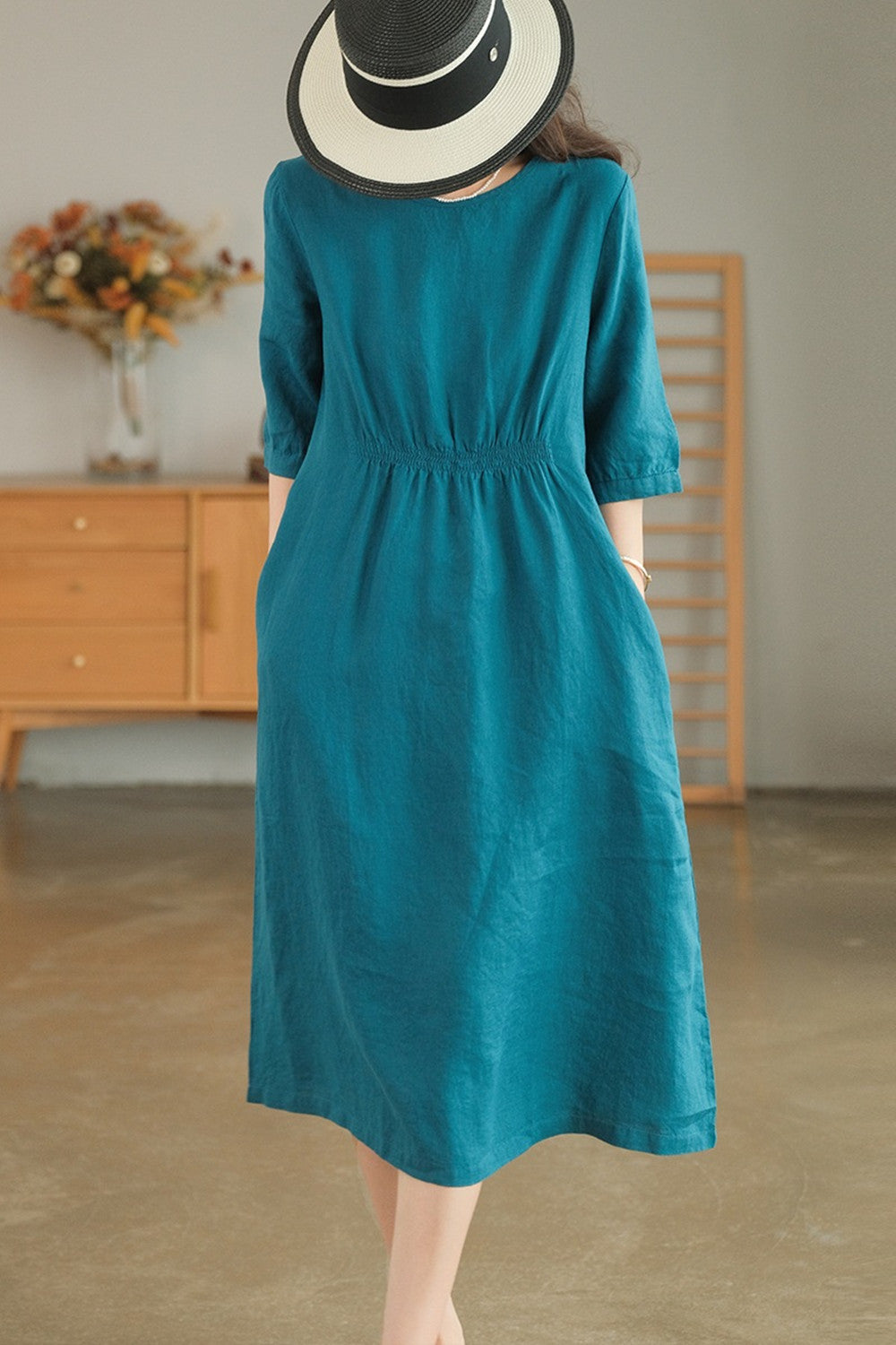 Teal Blue Sweet front and back gathered solid patterned linen, below the knee length with three-quarter length sleeves, u-shaped neckline and casual pockets, Women's Linen Cotton Blend Dress, Summer Dress