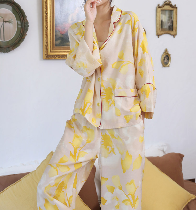Faux Silk, Soft Classic Pajama Set, Women's sleepwear, Women's Pajamas, Gold and Cream colored floral pajamas