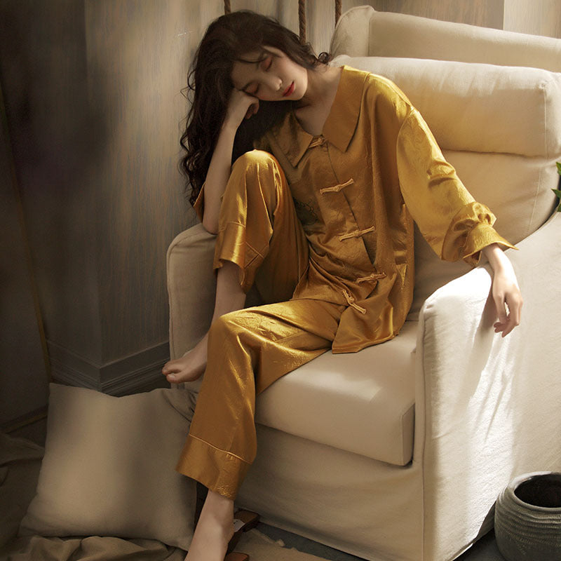 Golden, Gold, Asian Style, Women's, Pajamas, Long Sleeve, Button Down Top, Mid Length, Elastic Waist Loose Trousers, Many sizes, plus sizes available, Women's Pajamas, Ladies Pajamas, Sleepwear