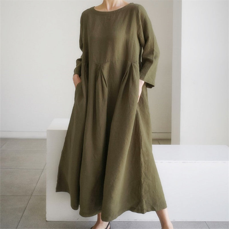 Army Green cotton linen long pleated flowing dress summer spring casualwear, Women's Summer Clothes, Ladies Dresses, Cotton, Linen Women's Clothes