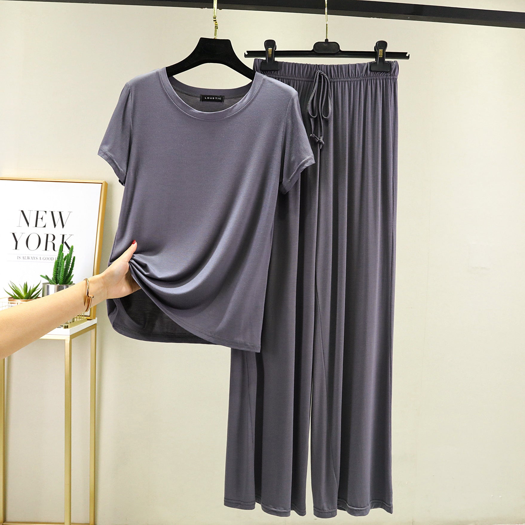 Grey Iron Color Modal Fabric Pajama Set Classic T-Shirt Style Top Elastic Waist Band with Tie, Pajamas, sleepwear, casual pajamas, breathable, cooling fabric