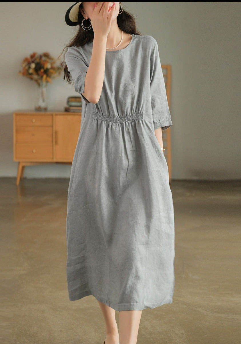 Grey Sweet front and back gathered solid patterned linen, below the knee length with three-quarter length sleeves, u-shaped neckline and casual pockets, Women's Linen Cotton Blend Dress, Summer Dress