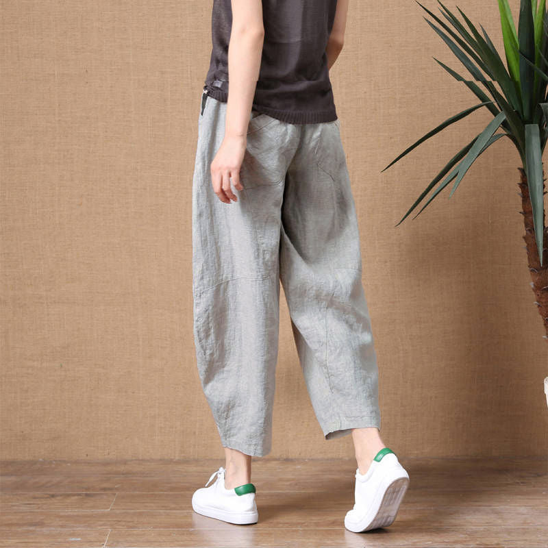 Grey Linen Capri Pants Elastic Waist Pockets, Plus Sizes Available, Women's Capris, Ladies Trousers, Women's Summer Pants, Yoga Wear