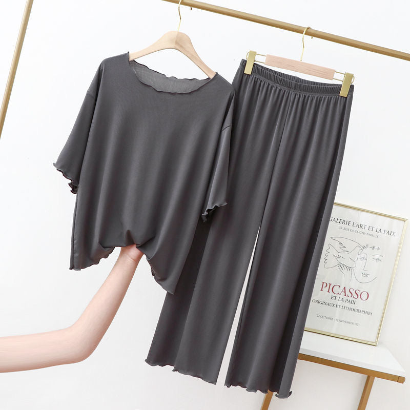 Grey Short Sleeve Modal Fabric Pajama Set Top and Trousers with Elastic Waist, Women's Pajamas, Ladies Pajamas, Modal Sleepwear, Loungewear