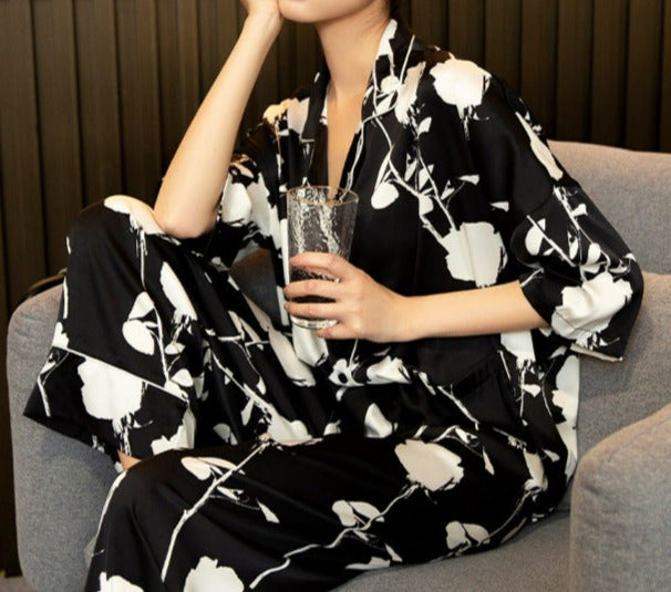 Black with White Rose Print Flowers Faux Silk Button Up Blouse Loose Tie Waist Trousers, Women's Pajamas, Ladies Pajamas