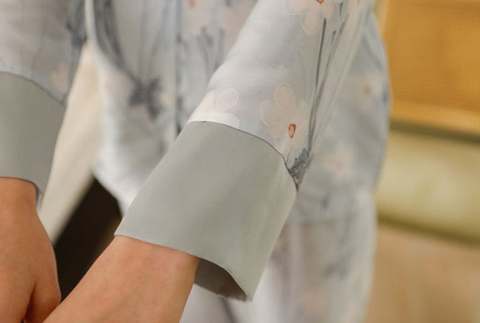 Natural sustainable fabric Tencel - Lyocell to help with Night Sweats, Hot Flashes, two piece pajama set long sleeve button top soft collar and loose fit trousers color: soft grey
