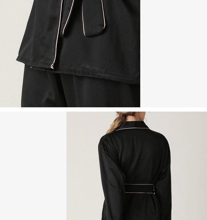 Detailed beautiful black satin pajama set with piping