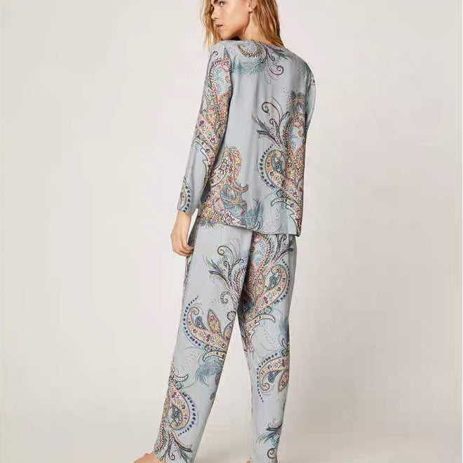 Sea foam Blue Paisley detailed Pajamas loose 2 piece bottom and button up top with smooth collar comfort and breathable, Women's Pajamas, Ladies Pajamas, Loungewear, Sleepwear