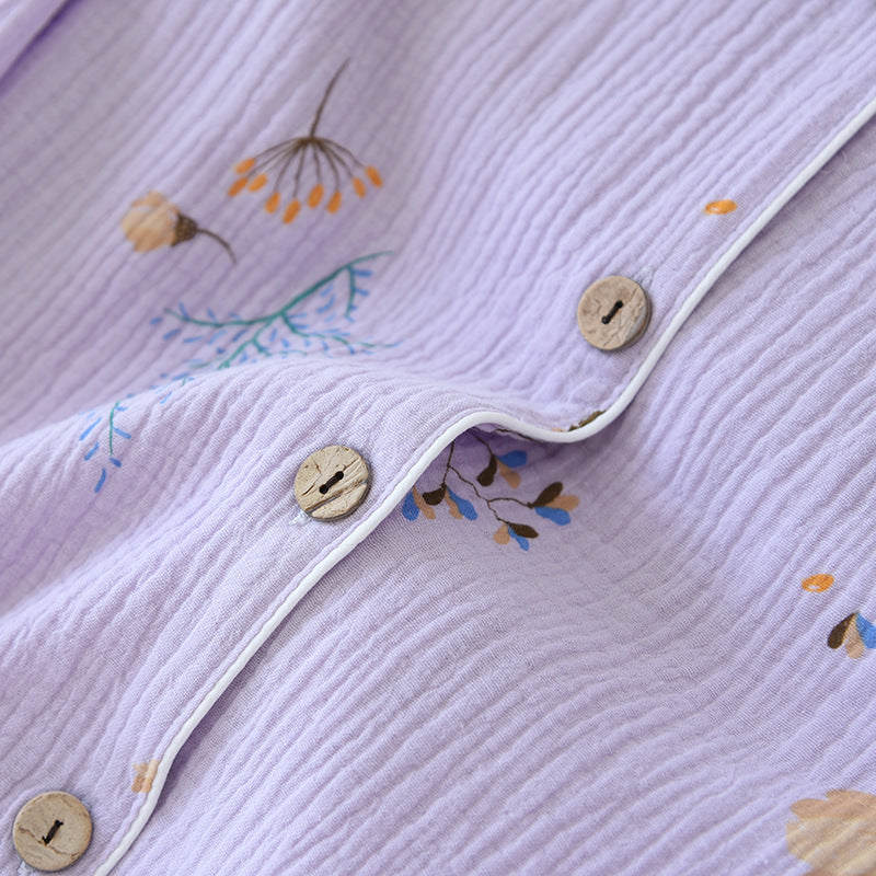 100% Cotton Gauze Lilac Wild Flower Print Long Sleeve Button-Down Shirt Elastic Waist Trousers, Women's Pajamas, Ladies Pajamas, Sleepwear, Classic Pajamas