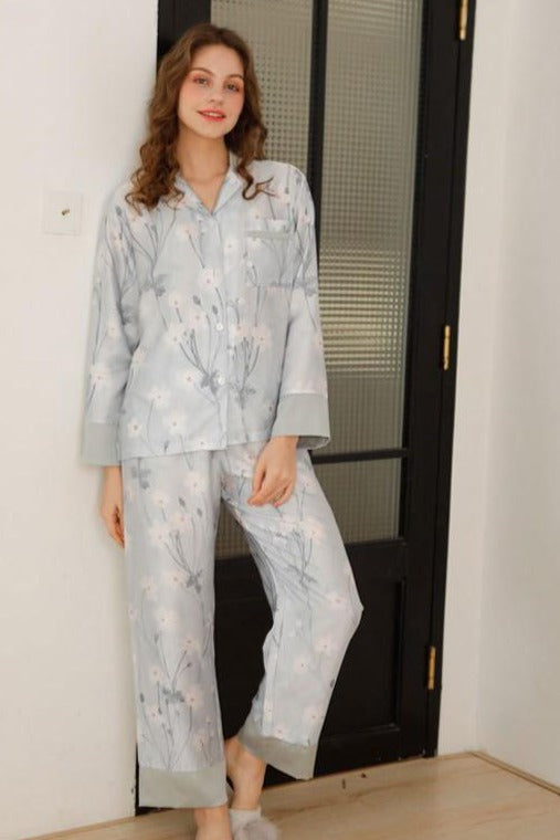 Natural sustainable fabric Tencel - Lyocell to help with Night Sweats, Hot Flashes, two piece pajama set long sleeve button top soft collar and loose fit trousers color: soft grey , Women's Pajamas, Ladies Pajamas, Classic Style Pajamas
