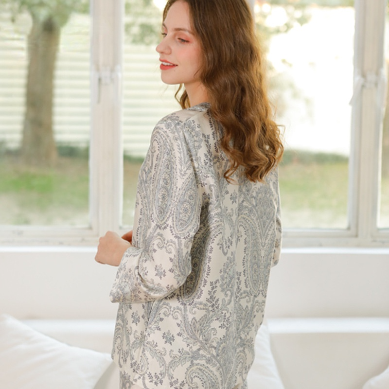 Beautiful Grey Paisley print long sleeve button up top and bottom pajama set, soft breathable comfortable fabric, women's pajamas, ladies pajamas, sleepwear, loungewear, classic pajamas