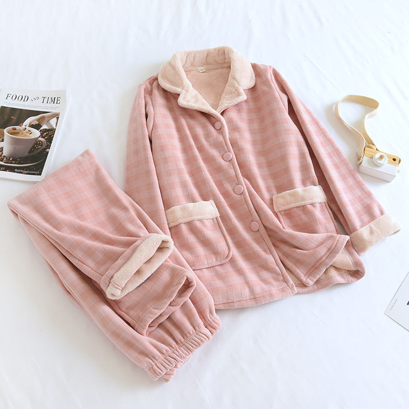 Pink Tartan Plaid Warm Fleece Button Down Jacket and Fleeced long-trousers Pajama, loungewear Set, Ladies Loungewear, Women's Loungewear, Ladies Pajamas, Track Suit, Winter Loungewear
