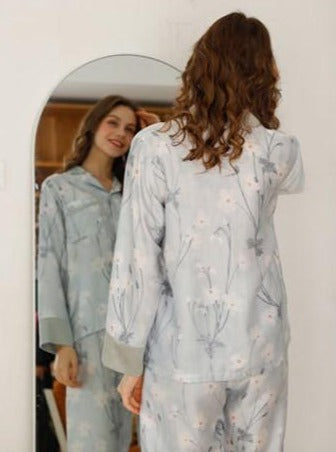 Natural sustainable fabric Tencel - Lyocell to help with Night Sweats, Hot Flashes, two piece pajama set long sleeve button top soft collar and loose fit trousers color: soft grey , Women's Pajamas, Ladies Pajamas, Classic Style Pajamas