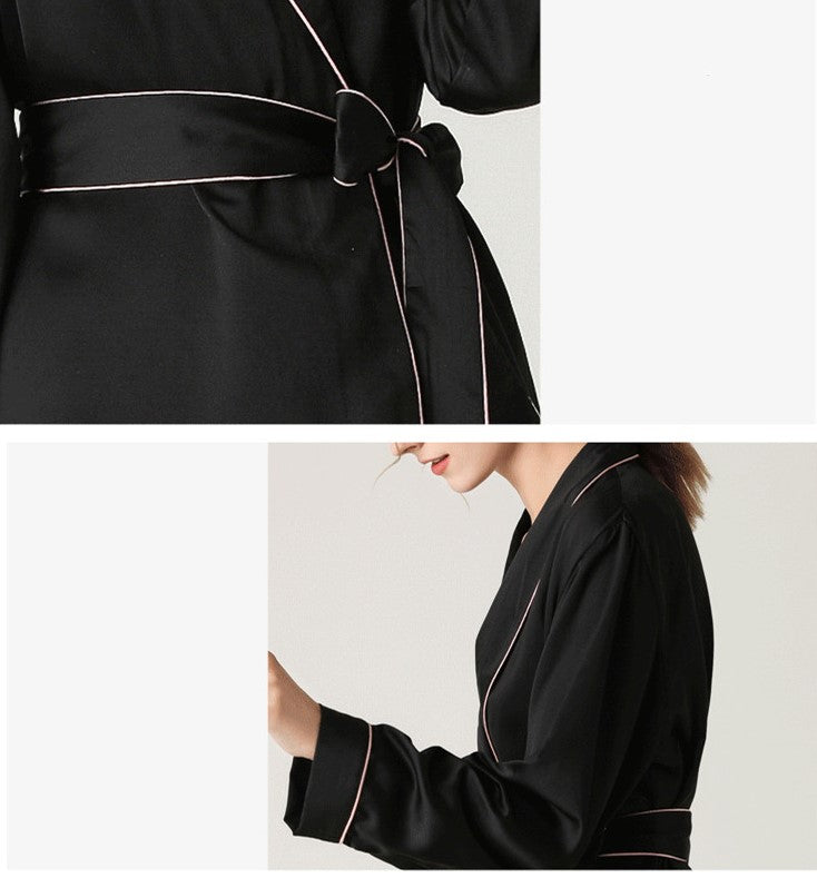 Detailed beautiful black satin pajama set with piping