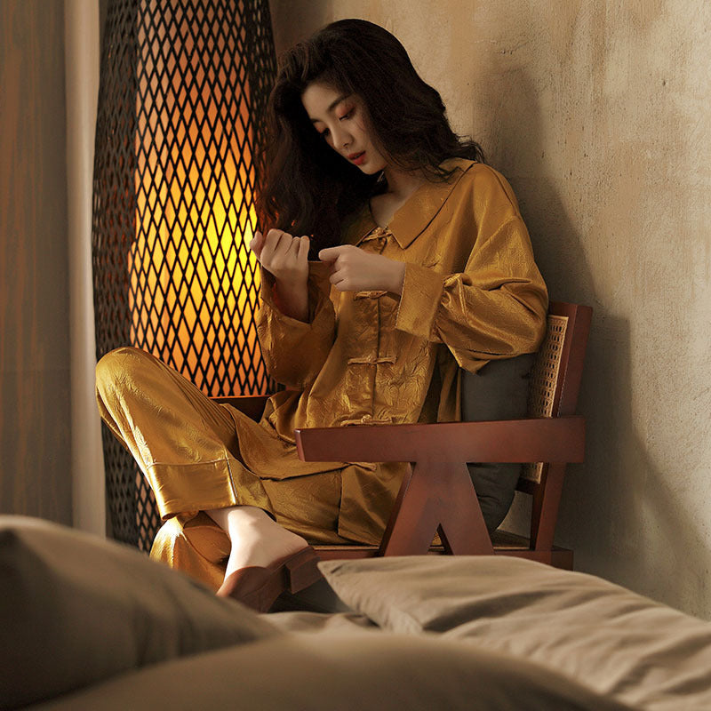Golden, Gold, Asian Style, Women's, Pajamas, Long Sleeve, Button Down Top, Mid Length, Elastic Waist Loose Trousers, Many sizes, plus sizes available, Women's Pajamas, Ladies Pajamas, Sleepwear