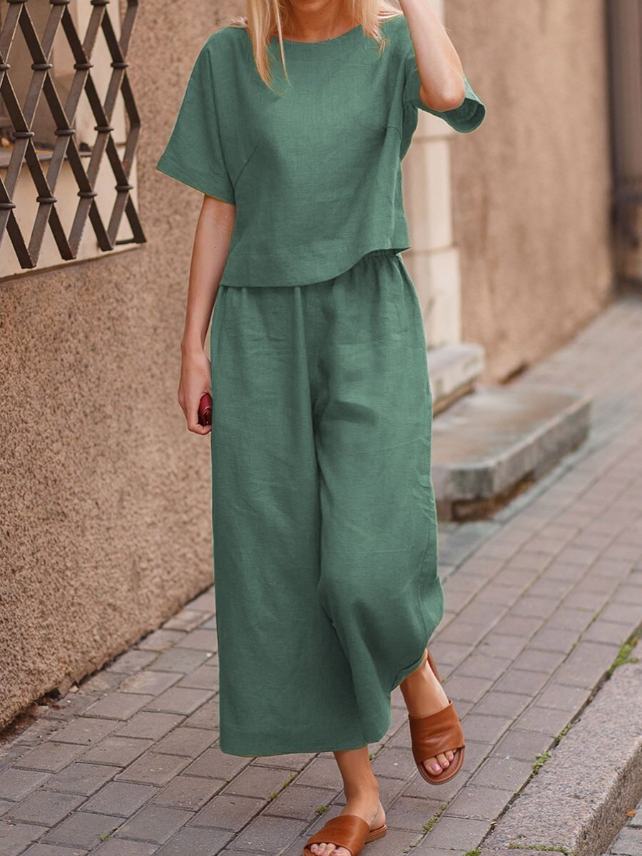 Leaf Green Linen Travel Pants and Short Sleeve Blouse Plus Sizes Available, Women's Clothes, Ladies Summer Clothes, Casual Ladies Summer Clothes