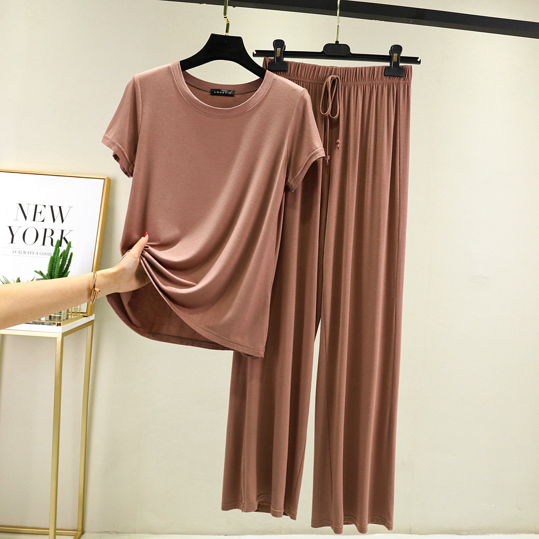 Khaki Color Modal Fabric Pajama Set Classic T-Shirt Style Top Elastic Waist Band with Tie