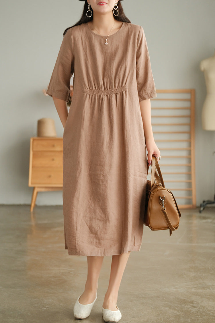 Brown Sweet front and back gathered solid patterned linen, below the knee length with three-quarter length sleeves, u-shaped neckline and casual pockets., Women's Linen Cotton Blend Dress, Summer Dress
