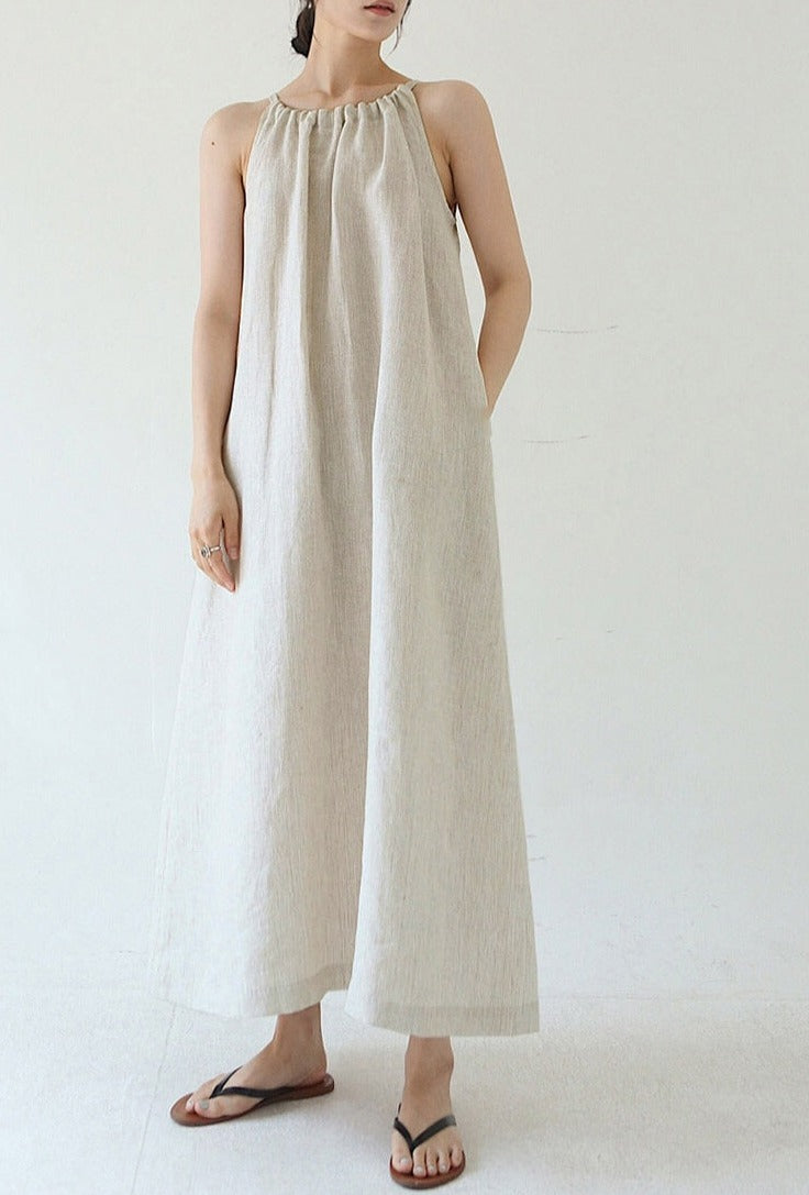 Hemp Linen A-Line Off the Shoulder Tie Back Loose Fit Summer Sack Dress Loungewear, Ladies, Women's, Hemp, Linen Dress
