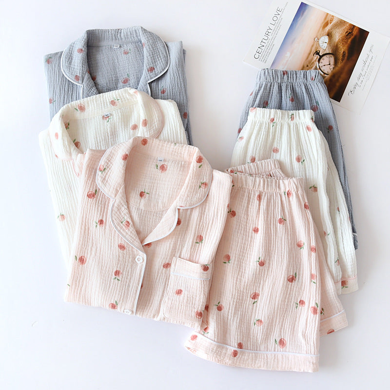 Soft Blue, Pink, White Spring and Summer, Cotton Gauze short and button up soft cool pajama set with sweet peach printed on fabric, Women's Cotton Pajamas, Ladies Cotton Pajamas, Sleepwear, Cotton Shorts and Top Sleepwear, Pajamas