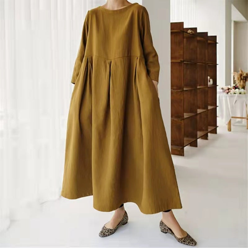Amber cotton linen long pleated flowing dress summer spring casualwear, Women's Summer Clothes, Ladies Dresses, Cotton, Linen Women's Clothes