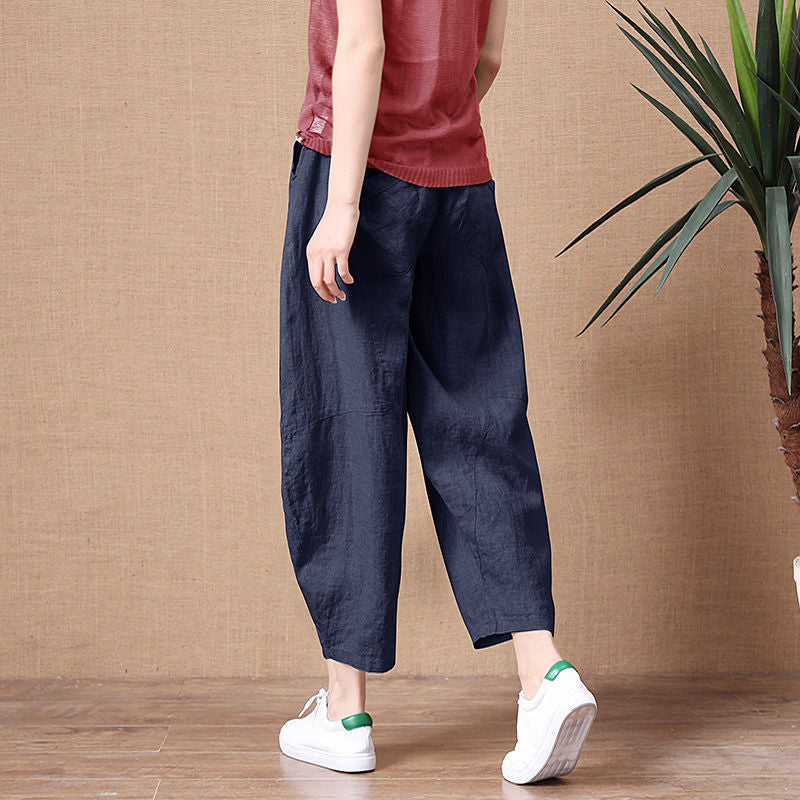 Navy Blue Linen Capri Pants Elastic Waist Pockets, Plus Sizes Available, Women's Capris, Ladies Trousers, Women's Summer Pants, Yoga Wear