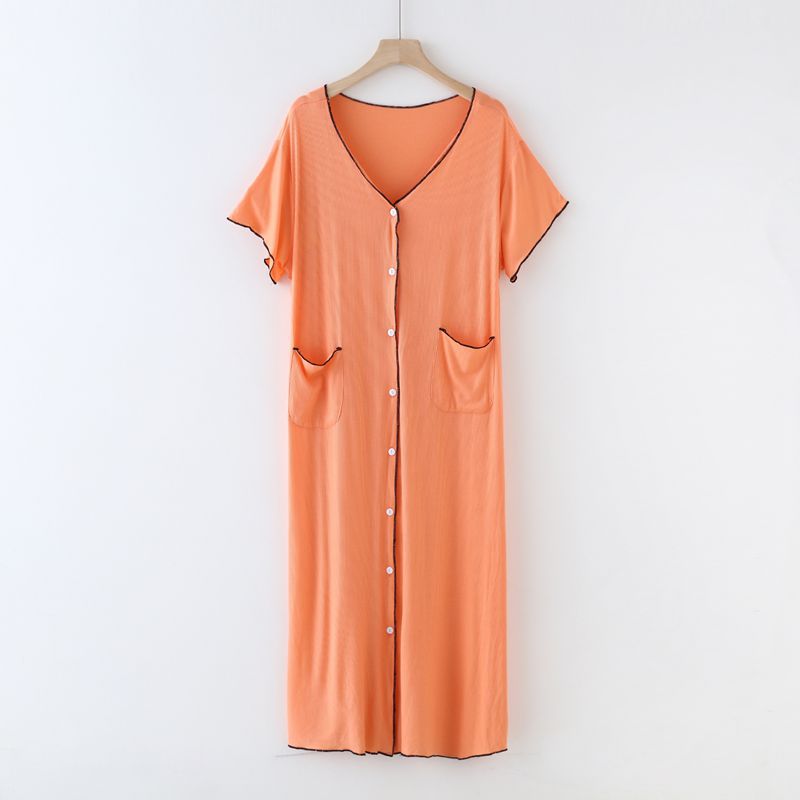 Orange Modal Fabric Button Down Scoop Neck Short Sleeve Long Length Nightgown, Women's Nightgown, Ladies Night dress, Women's House Dress