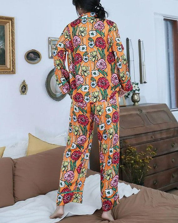 Super Bright Cheerful Colors Polyester Vincent Van Gogh Flowers for the Art Lover Classic Pajamas Button-Down Blouse Loose Fit Trousers, Ladies Pajamas, Women's Pajamas, Loungewear, Sleepwear, Floral Pajamas