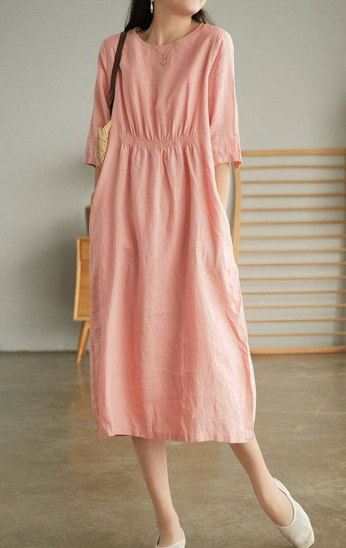 Peach Sweet front and back gathered solid patterned linen, below the knee length with three-quarter length sleeves, u-shaped neckline and casual pockets, Women's Linen Cotton Blend Dress, Summer Dress