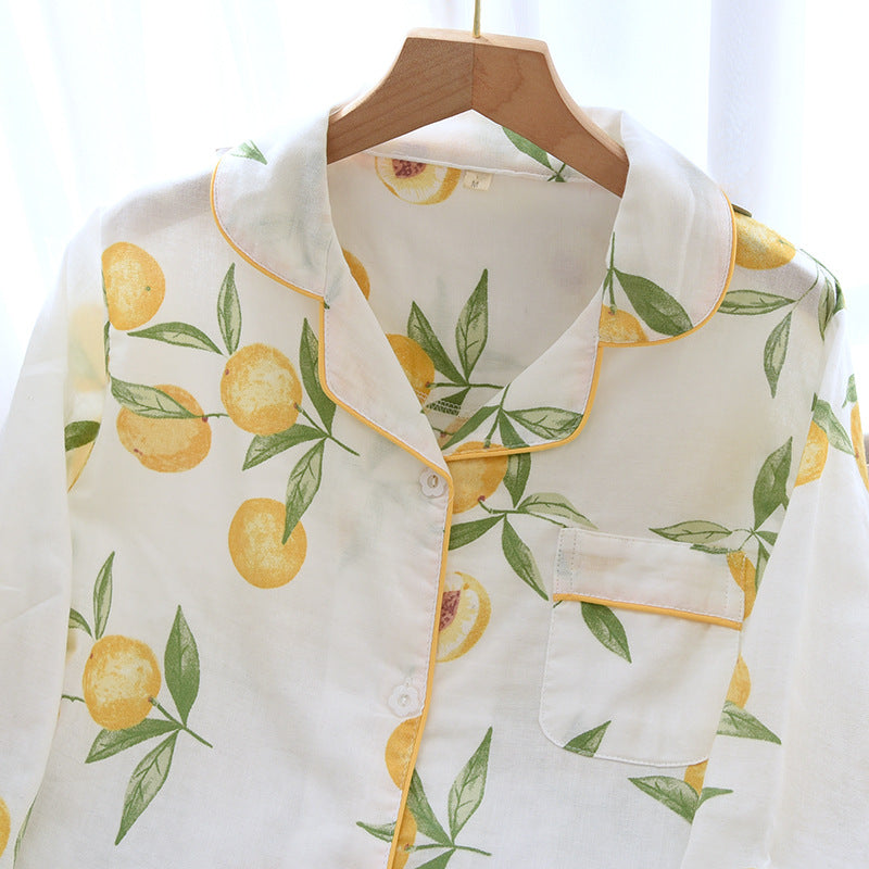 White Color with Printed Peaches Long-Sleeve Button-Down Blouse and Elastic Waist Band Trousers, Comfortable, Breathable, Soft, Cotton Ladies, Women's Pajamas, Fruit Print Pajamas