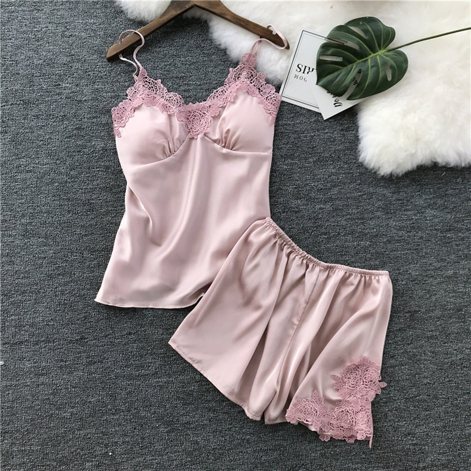 Pink Shorts and Camisole with accent floral lace, women's pajamas, women's shorts and camisole set, ladies pajamas, sleepwear, sexy lingerie