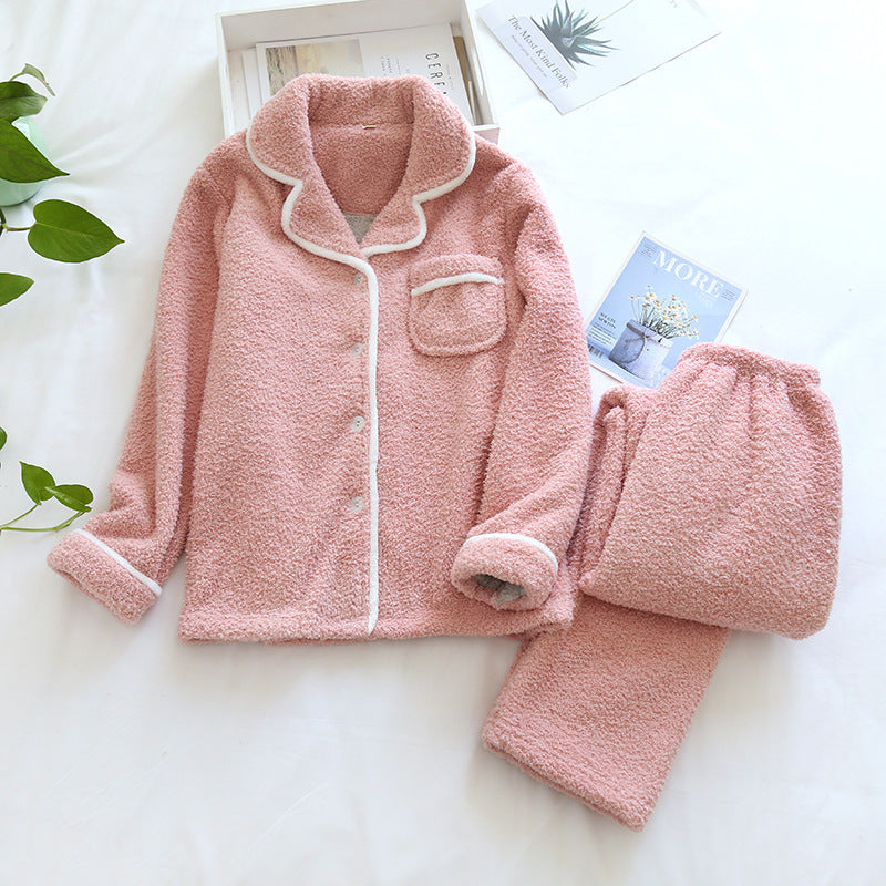 Pink Thick Fleece Plush cardigan button down jacket and trousers, Thick Fleece Plush cardigan button down jacket and trousers, Women's Pajamas, Ladies Pajamas, Winter Sleepwear, Women's Loungewear