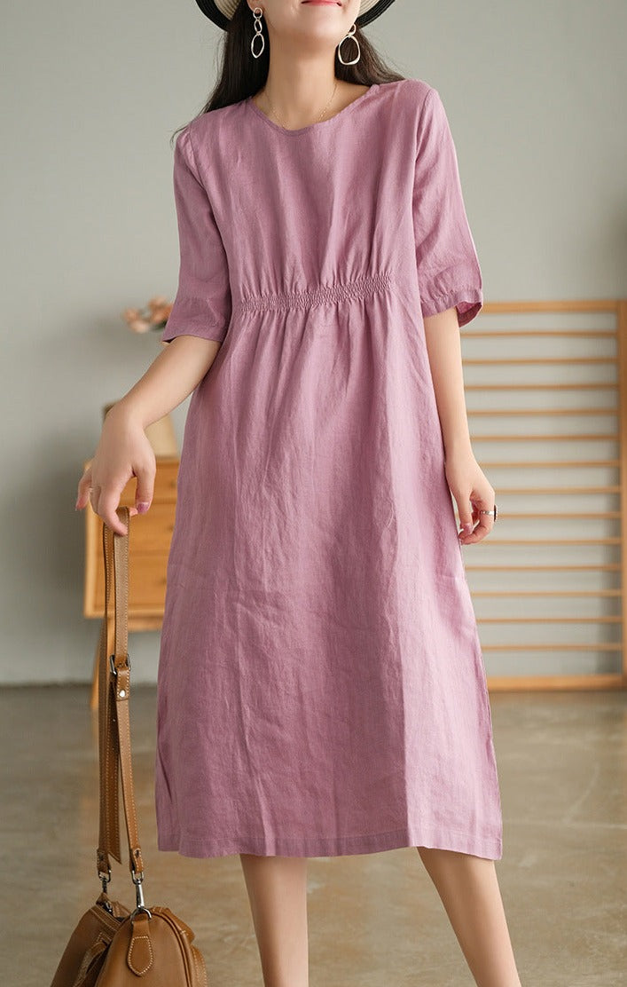 Pink Lotus Sweet front and back gathered solid patterned linen, below the knee length with three-quarter length sleeves, u-shaped neckline and casual pockets, Women's Linen Cotton Blend Dress, Summer Dress