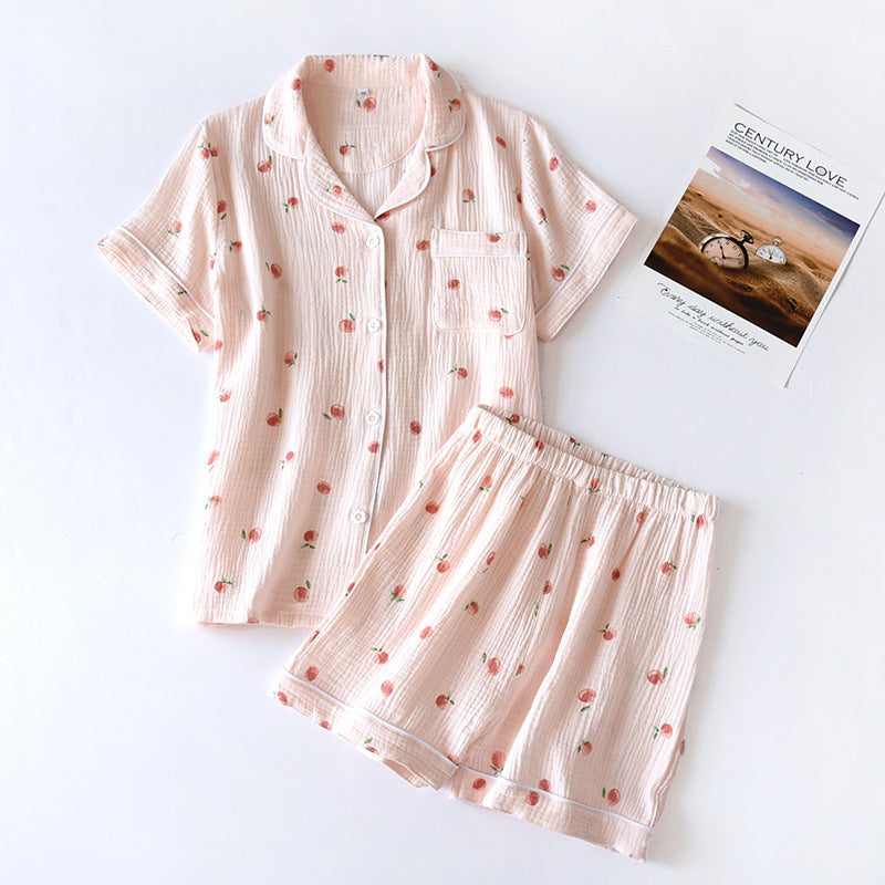 Pink Spring and Summer Cotton Gauze short and button up soft cool pajama set with sweet peach printed on fabric, Women's Cotton Pajamas, Ladies Cotton Pajamas, Sleepwear, Cotton Shorts and Top Sleepwear, Pajamas