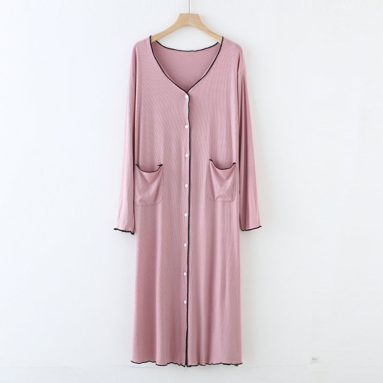 Pink Long Sleeve Below the Knee Button Up Modal Fabric Nightgown, Women's Nightgown, Ladies Nightdress, Sleepwear, Pajamas