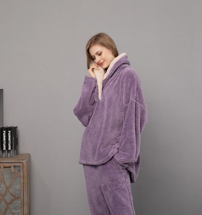 purple plush thick fleece winter women's pajamas, ladies loungewear, sleepwear, warm winter sleepwear, Plus Sizes