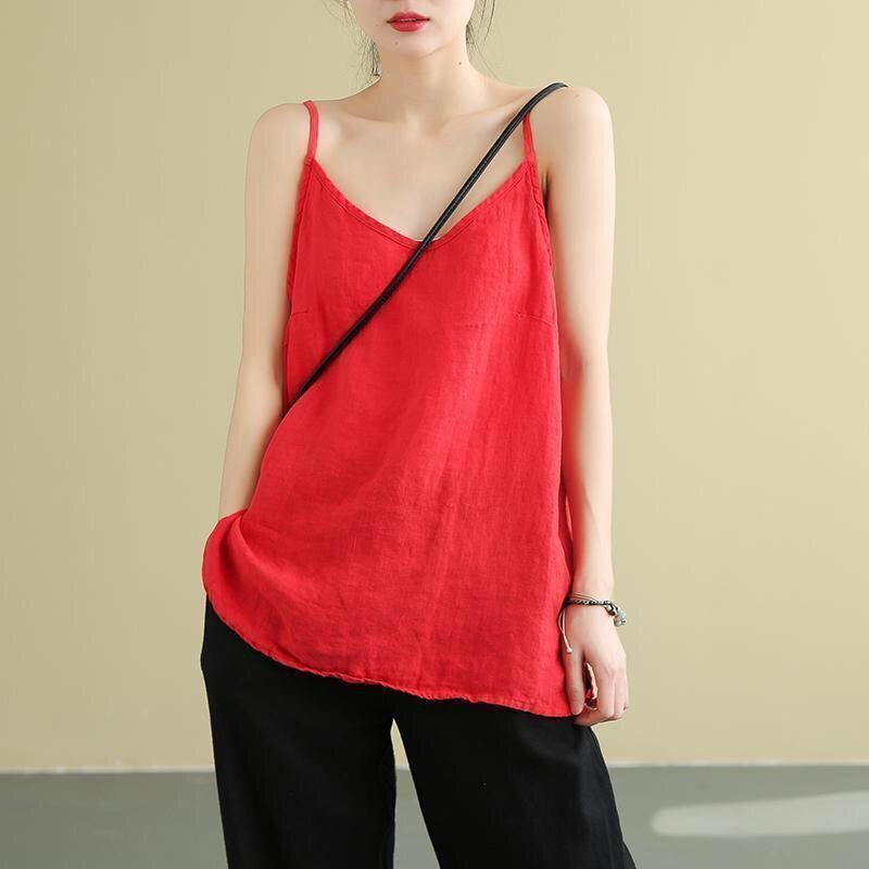 Red, Women's, Ladies, Cotton, Linen, Sleeveless, Spaghetti Strap, Long Top, Long Blouse
