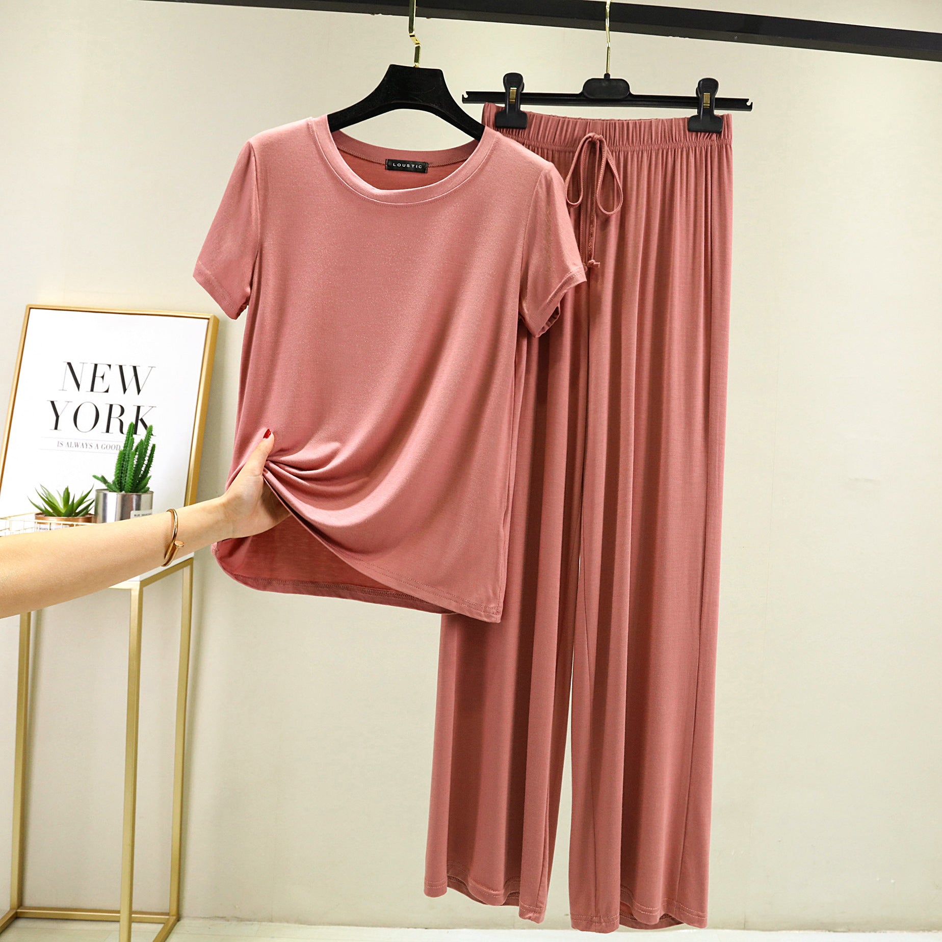 Shrimp Color Modal Fabric Pajama Set Classic T-Shirt Style Top Elastic Waist Band with Tie, Pajamas, sleepwear, casual pajamas, breathable, cooling fabric