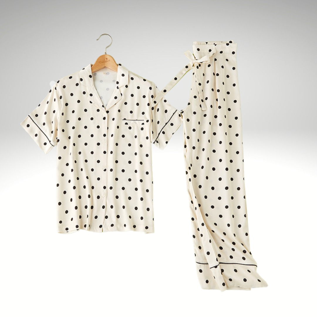 Black Polka Dot Pajamas, Viscose, Button-Down Long Sleeve Top, Elastic and Drawstring Trousers, Accent Piping Detail, Super Soft Women's and Ladies Pajamas, Sleepwear, Loungewear