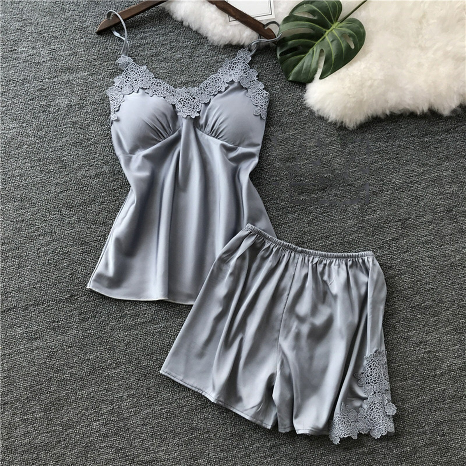 Silver, Grey Shorts and Camisole with accent floral lace, women's pajamas, women's shorts and camisole set, ladies pajamas, sleepwear, sexy lingerie