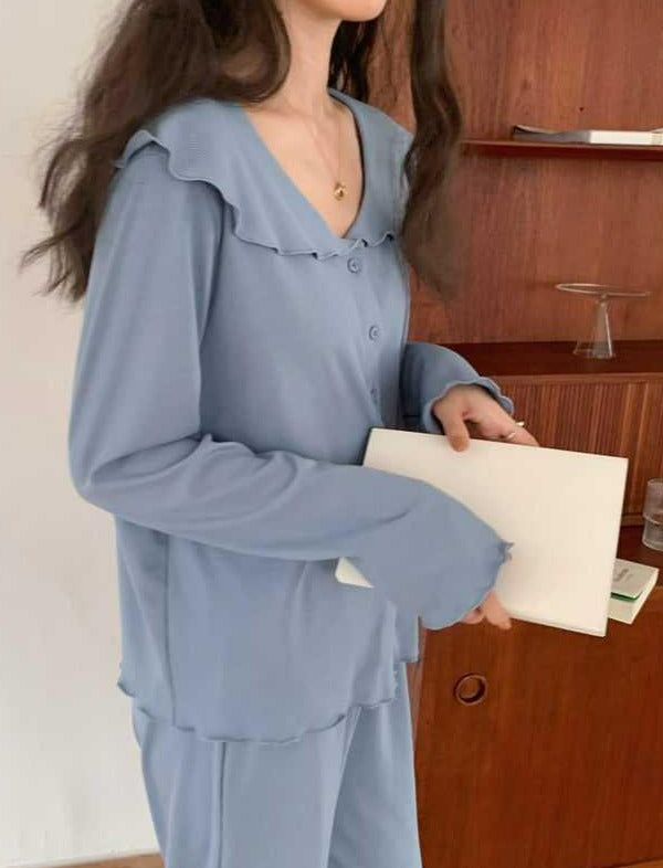 Blue Button Up Doll Collar Long Sleeve Top Loose Elastic Waist Band Trousers Scallop Edge Detail