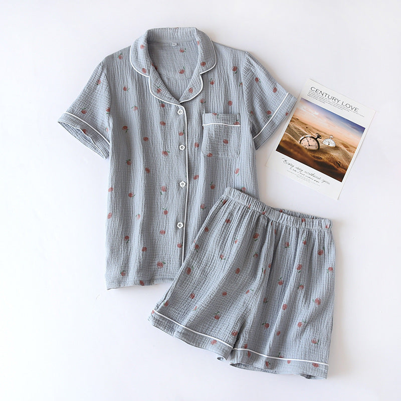 Soft Blue Spring and Summer Cotton Gauze short and button up soft cool pajama set with sweet peach printed on fabric, Women's Cotton Pajamas, Ladies Cotton Pajamas, Sleepwear, Cotton Shorts and Top Sleepwear, Pajamas